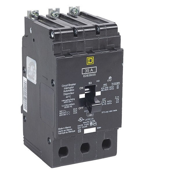 Miniature Circuit Breaker, 60, 600VAC, 3 Pole, Bolt-On Mounting Style, EDB Series