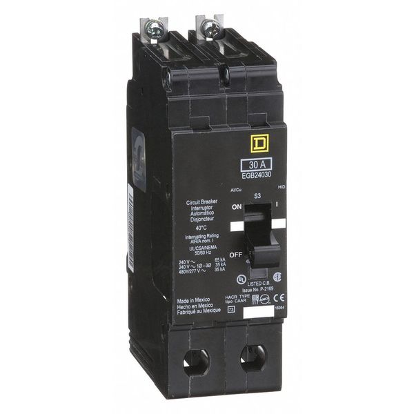 Miniature Circuit Breaker, 30, 277/480VAC, 2 Pole, Bolt-On Mounting Style, EGB Series