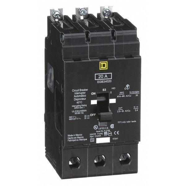 Miniature Circuit Breaker, 20, 277/480VAC, 3 Pole, Bolt-On Mounting Style, EGB Series