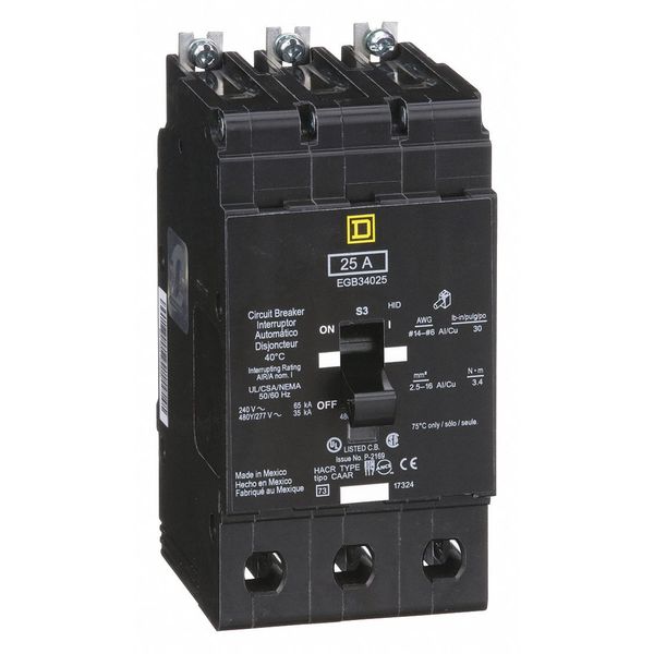 Miniature Circuit Breaker, 25, 277/480VAC, 3 Pole, Bolt-On Mounting Style, EGB Series