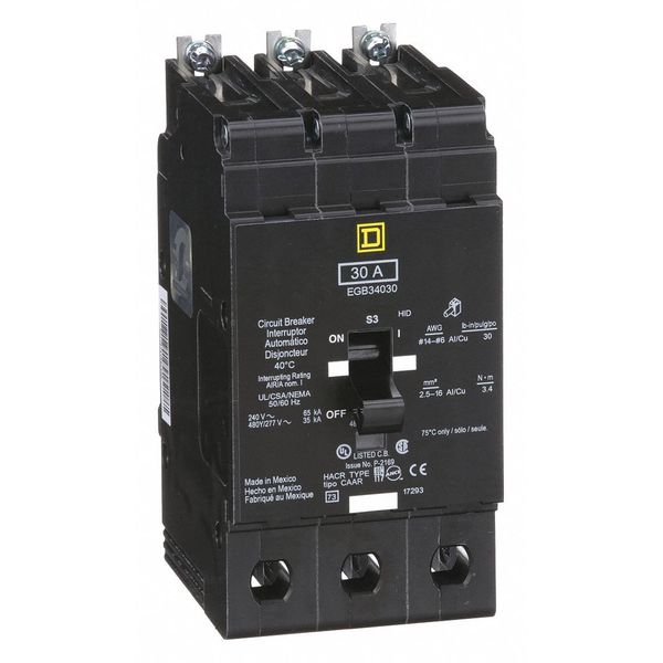 Miniature Circuit Breaker, 30, 277/480VAC, 3 Pole, Bolt-On Mounting Style, EGB Series