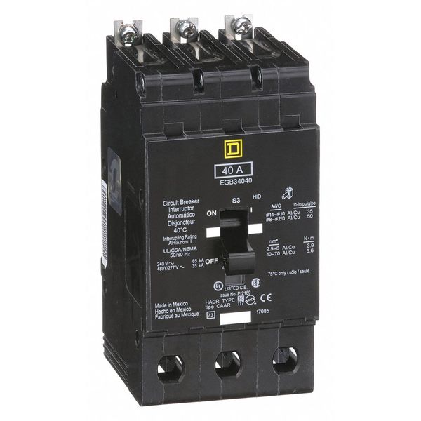 Miniature Circuit Breaker, 40, 277/480VAC, 3 Pole, Bolt-On Mounting Style, EGB Series