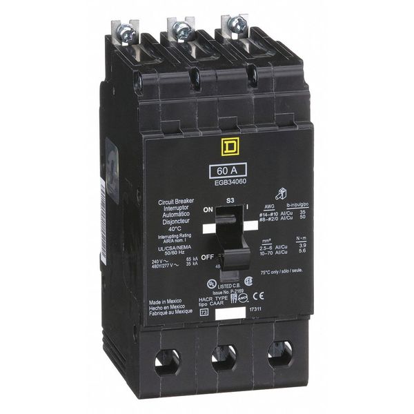 Miniature Circuit Breaker, 60, 277/480VAC, 3 Pole, Bolt-On Mounting Style, EGB Series