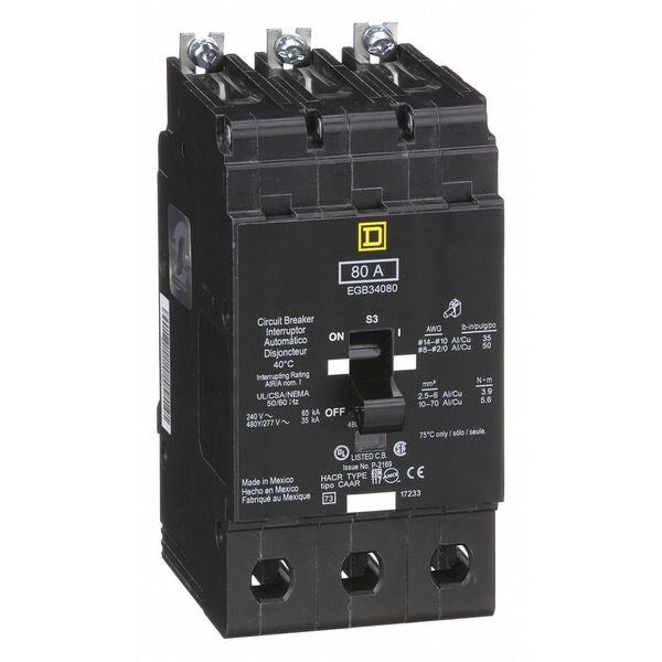 Miniature Circuit Breaker, 80, 277/480VAC, 3 Pole, Bolt-On Mounting Style, EGB Series