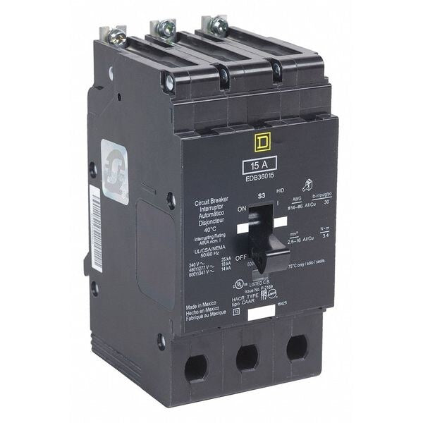 Miniature Circuit Breaker, 15, 600VAC, 3 Pole, Bolt-On Mounting Style, EGB Series