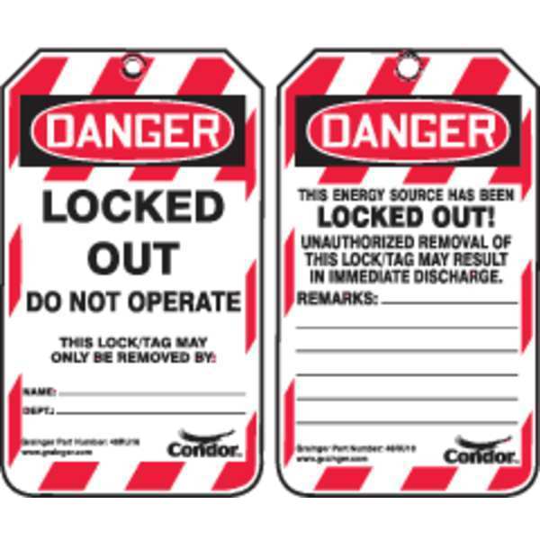 Lockout Tag, Locked Out / Do Not Operate / Only Removed By, Plastic, 3.25 in W x 5.75 in H, Pack 10