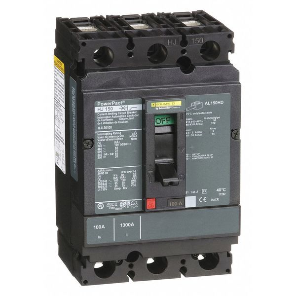 Molded Case Circuit Breaker, 100, 600VAC, 3 Pole, Unit Mount Lug Mounting Style