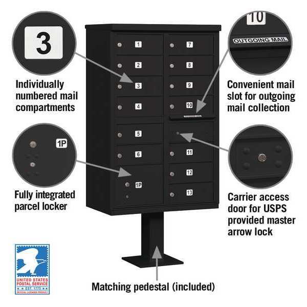 Cluster Box Unit, Black, Powder Coated, 14 Doors, Pedestal, 4 Type