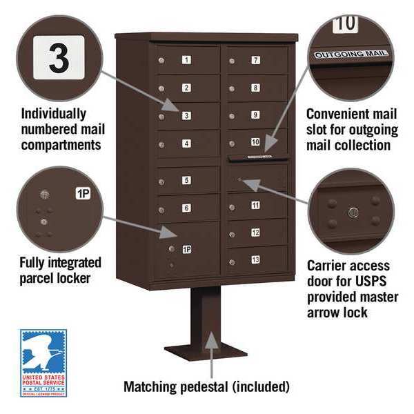 Cluster Box Unit, Bronze, Powder Coated, 14 Doors, Pedestal, 4 Type