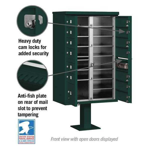 Cluster Box Unit, Green, Powder Coated, 14 Doors, Pedestal, 4 Type