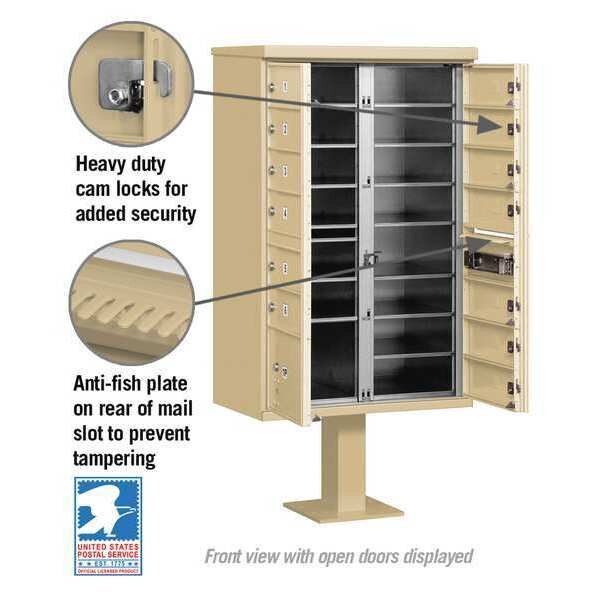 Cluster Box Unit, Sandstone, Powder Coated, 14 Doors, Pedestal, 4 Type