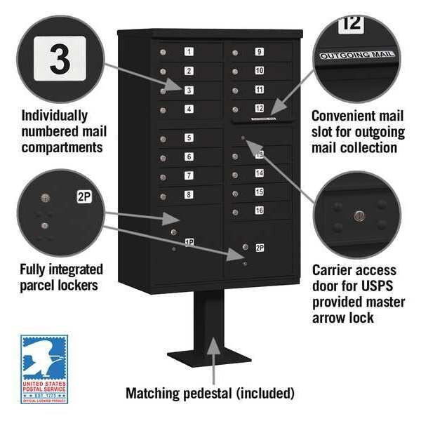 Cluster Box Unit, Black, Powder Coated, 18 Doors, Pedestal, 3 Type