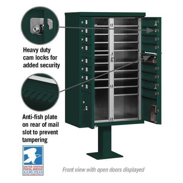 Cluster Box Unit, Green, Powder Coated, 18 Doors, Pedestal, 3 Type