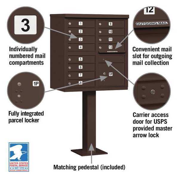 Cluster Box Unit, Bronze, Powder Coated, 13 Doors, Pedestal, 2 Type