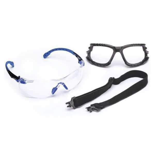 Safety Glasses Kit, 2 Pairs, Elastic Strap, Foam Gasket, Solus 1000, Anti-Fog, Black/Blue, Clear
