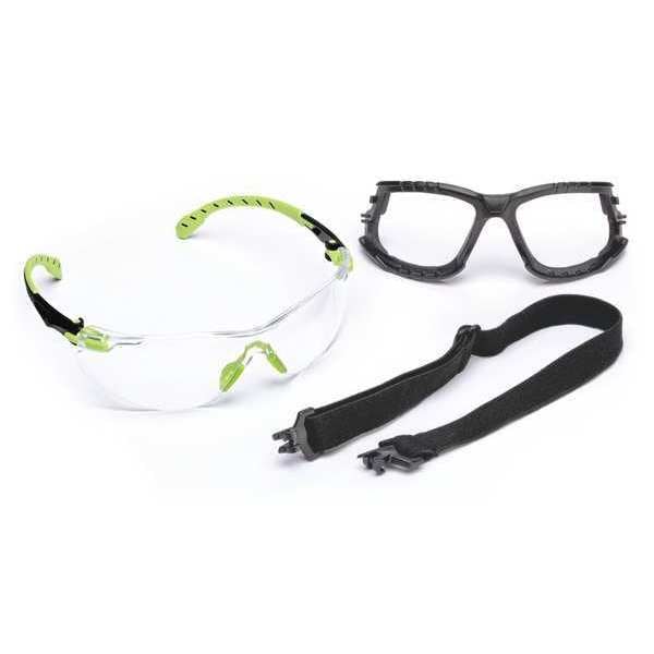Solus Safety Glasses Kit, Strap, Removable Foam Gasket, Anti-Fog/Scratch, Black/Green, Clear Lens