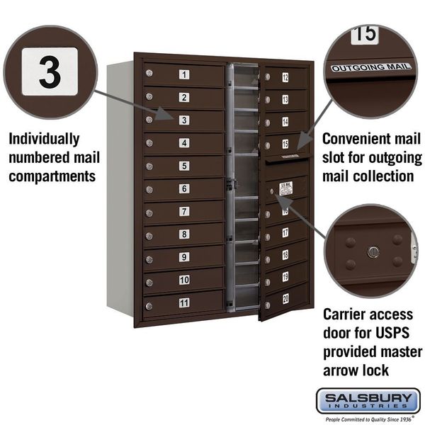 Mailbox, Bronze, Powder Coated, 20 Doors, Recessed, 4C, USPS