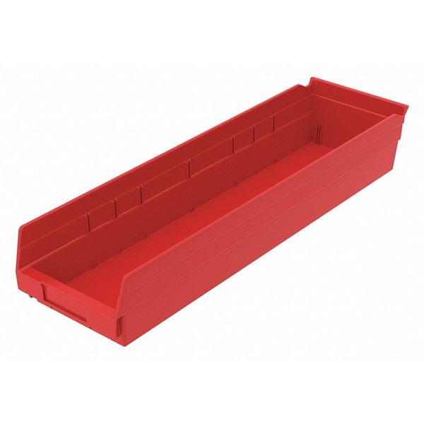 Shelf Storage Bin, Red, Plastic, 23 5/8 in L x 6 5/8 in W x 4 in H, 20 lb Load Capacity