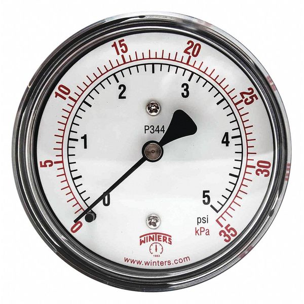 Pressure Gauge, 0 to 5 psi, 1/4 in MNPT, Steel, Black