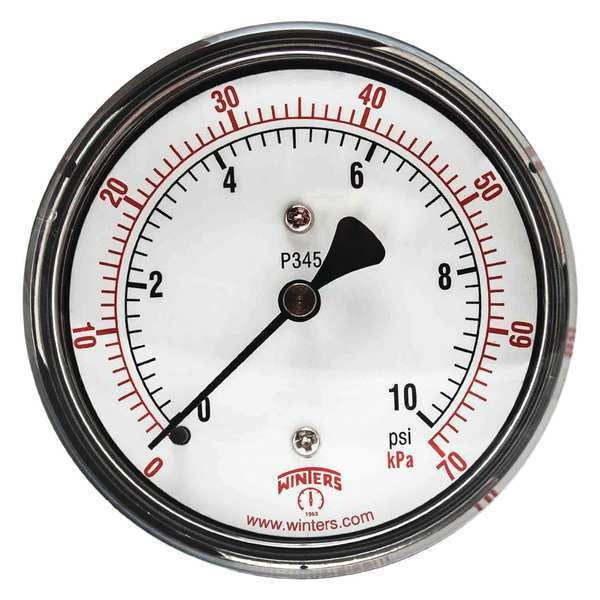 Pressure Gauge, 0 to 10 psi, 1/4 in MNPT, Steel, Black