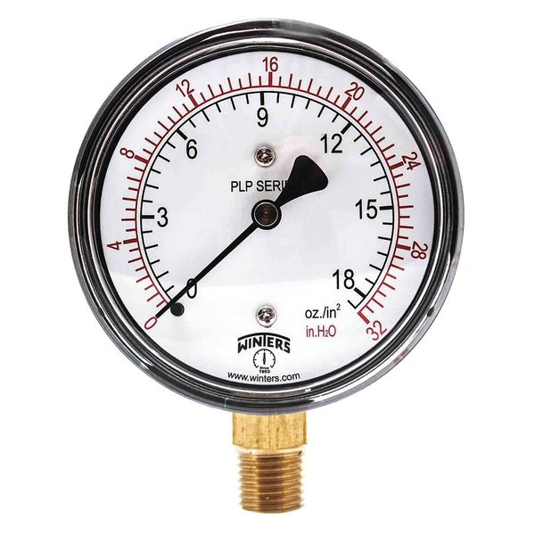 Pressure Gauge, 0 to 32 in wc, 1/4 in MNPT, Steel, Black