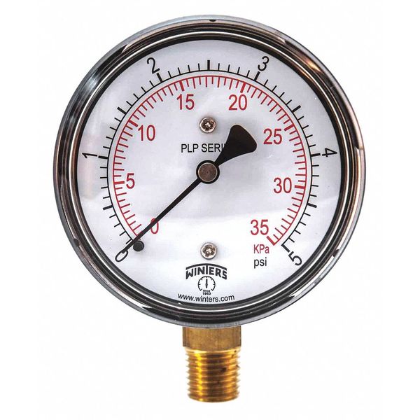 Pressure Gauge, 0 to 5 psi, 1/4 in MNPT, Steel, Black