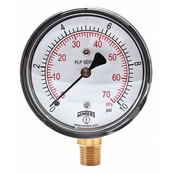 Pressure Gauge, 0 to 10 psi, 1/4 in MNPT, Steel, Black