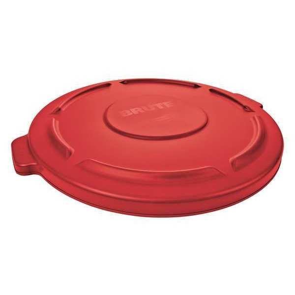 55 gal Flat Trash Can Lid, 26 3/4 in W/Dia, Red, Resin, 0 Openings