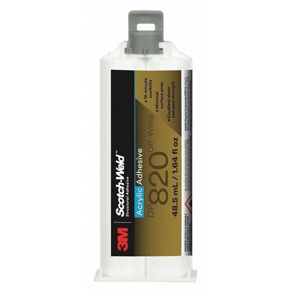 Acrylic Adhesive, DP820 Series, Off-White, 1:01 Mix Ratio, 40 min Functional Cure, Dual-Cartridge
