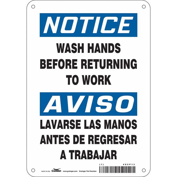 Safety Sign, 10 in Height, 7 in Width, Aluminum, Horizontal Rectangle, English, Spanish, 485P13