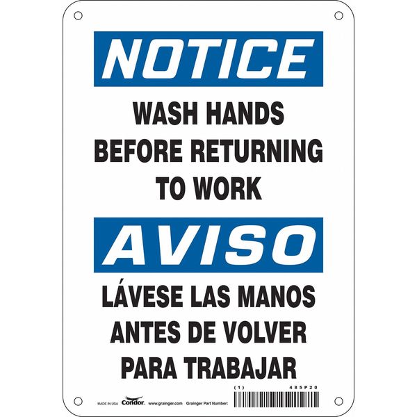 Safety Sign, 10 in Height, 7 in Width, Aluminum, Horizontal Rectangle, English, Spanish, 485P20