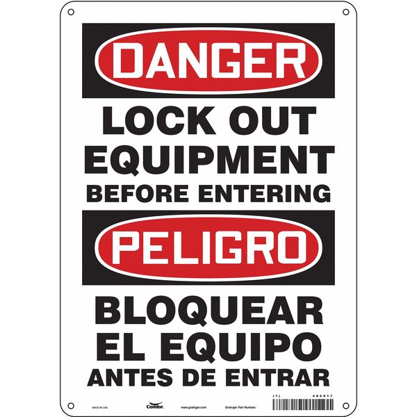 Lockout Sign, 14 in Height, 10 in Width, Aluminum, Vertical Rectangle, English, Spanish