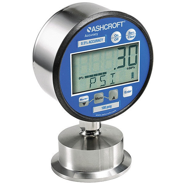 Digital Pressure Gauge, -1 to 0 psi, 1 1/2 in Triclamp, Silver