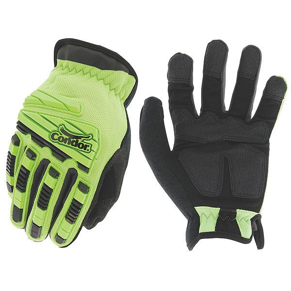 Hi-Vis Mechanics Impact Gloves, S, Green, Single Layer and Seamless, Polyester