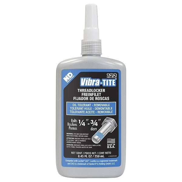 Primerless Threadlocker, VIBRA-TITE 122, Blue, Medium Strength, Liquid, 250 mL