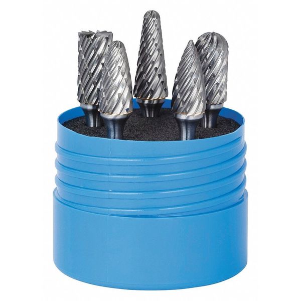 Carbide Bur Set, Steel Cut, 5 pcs., 1/4 in.