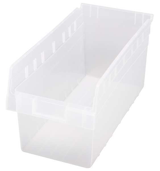 Shelf Storage Bin, Clear, Polypropylene, 17 7/8 in L x 8 3/8 in W x 8 in H, 60 lb Load Capacity