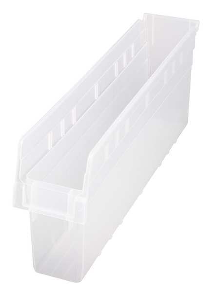 Shelf Storage Bin, Clear, Polypropylene, 23 5/8 in L x 4 3/8 in W x 8 in H, 60 lb Load Capacity