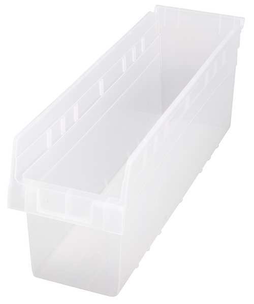 Shelf Storage Bin, Clear, Polypropylene, 23 5/8 in L x 6 5/8 in W x 8 in H, 60 lb Load Capacity