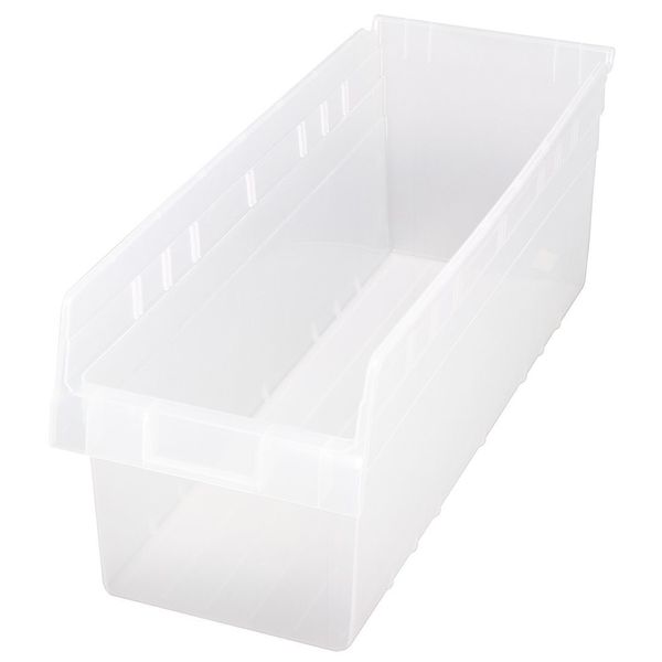 Shelf Storage Bin, Clear, Polypropylene, 23 5/8 in L x 8 3/8 in W x 8 in H, 75 lb Load Capacity