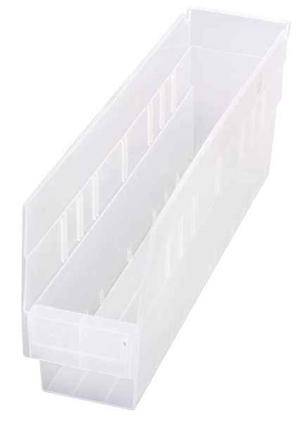 Shelf Storage Bin, Clear, Polypropylene, 17 7/8 in L x 4 3/8 in W x 6 in H, 40 lb Load Capacity
