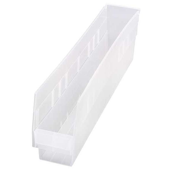 Shelf Storage Bin, Clear, Polypropylene, 23 5/8 in L x 4 3/8 in W x 6 in H, 50 lb Load Capacity