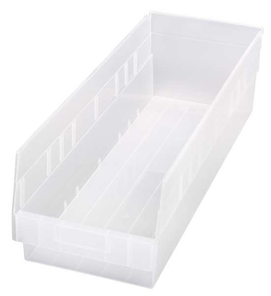 Shelf Storage Bin, Clear, Polypropylene, 23 5/8 in L x 8 3/8 in W x 6 in H, 65 lb Load Capacity