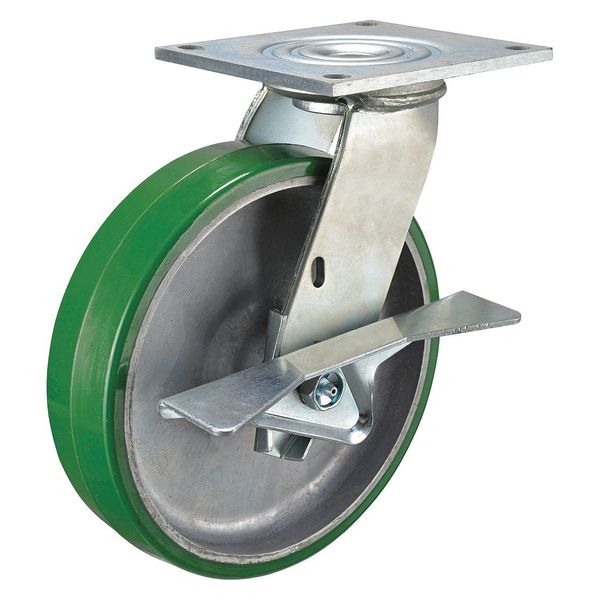 Swivel Plate Caster w/Brake, Polyurethane, 6in, 1230lb