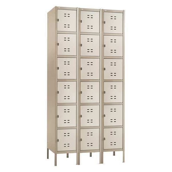 Box Locker, 36 in W, 18 in D, 78 in H, (3) Wide, (18) Openings, Tan