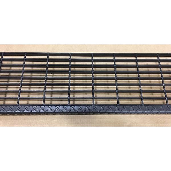 Bar Grating Stair Tread, Black Painted Steel Serrated Surface, 24 in W, 9 3/4 in D, Checker Plate