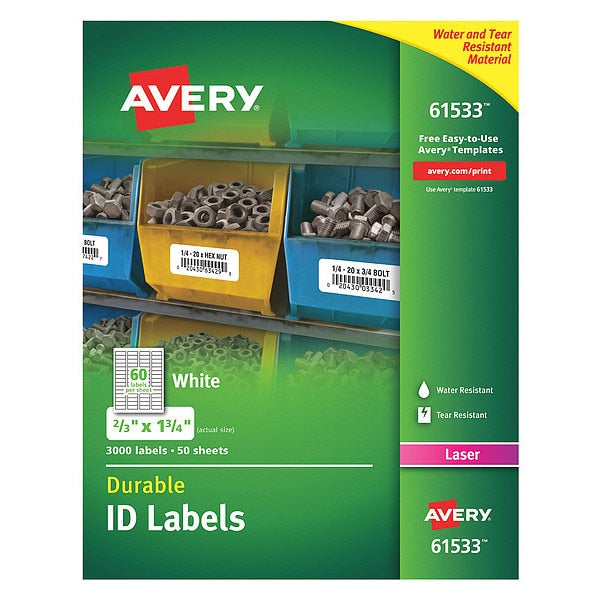AveryÂ® Durable ID Labels with TrueBlockÂ® Technology, 61533, Laser, 2/3