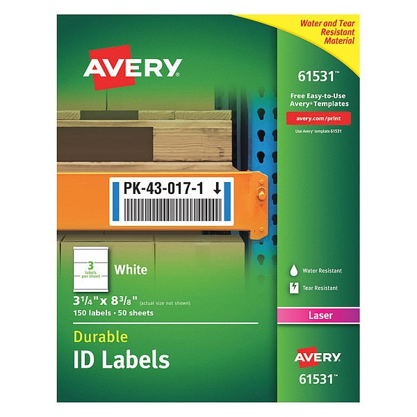 AveryÂ® Durable ID Labels with TrueBlockÂ® Technology, 61531, Laser, 3-1/4