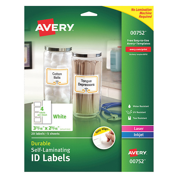 AveryÂ® Easy AlignÂ® Self-Laminating ID Labels 00752, 3-5/16