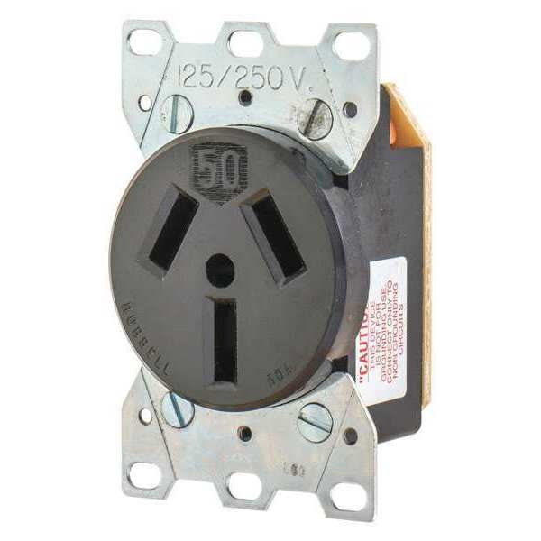 Receptacle, 50 A Amps, 125/250V AC, Flush Mount, Single Outlet, 10-50R, Black